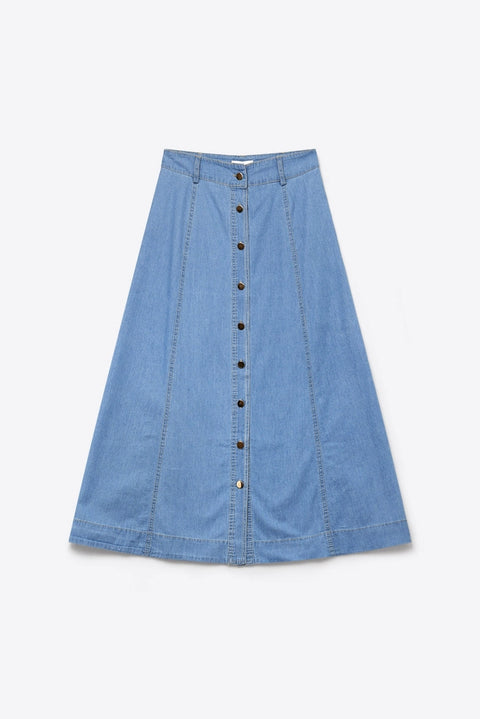 Light Blue Denim Midi Skirt with Contrast Stitch Button Front A-Line