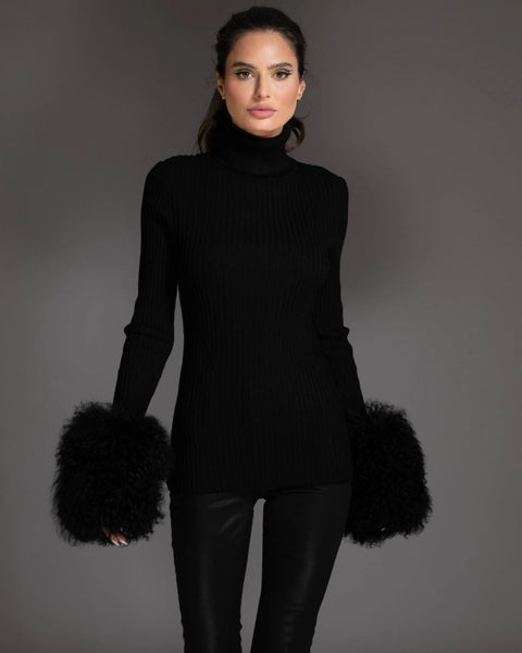 Black Knit Sweater with Mongolian Sheared Wool Cuffs