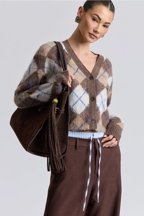 Brushed Argyle Jacquard Cropped Cardigan
