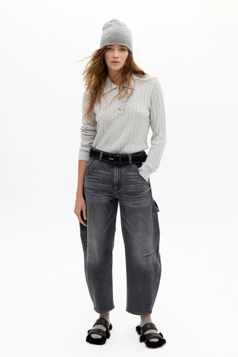 Peter Cotton Cashmere Polo Sweater - Light Grey