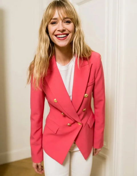 Timeless Fitted Blazer Jacket with Gold Double-Breasted Buttons Fuchsia-Jacket-Attentif Paris-S-Urbanheer