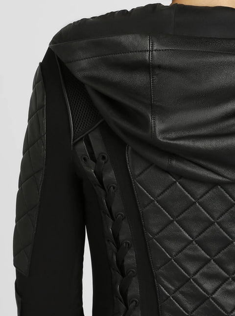 Hooded Mesh Genuine Leather Moto Jacket