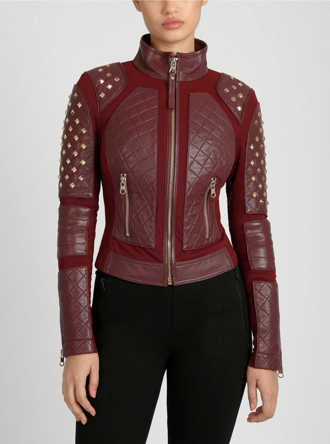 Pyramid Stud Mesh Genuine Leather Moto Jacket - Oxblood Red