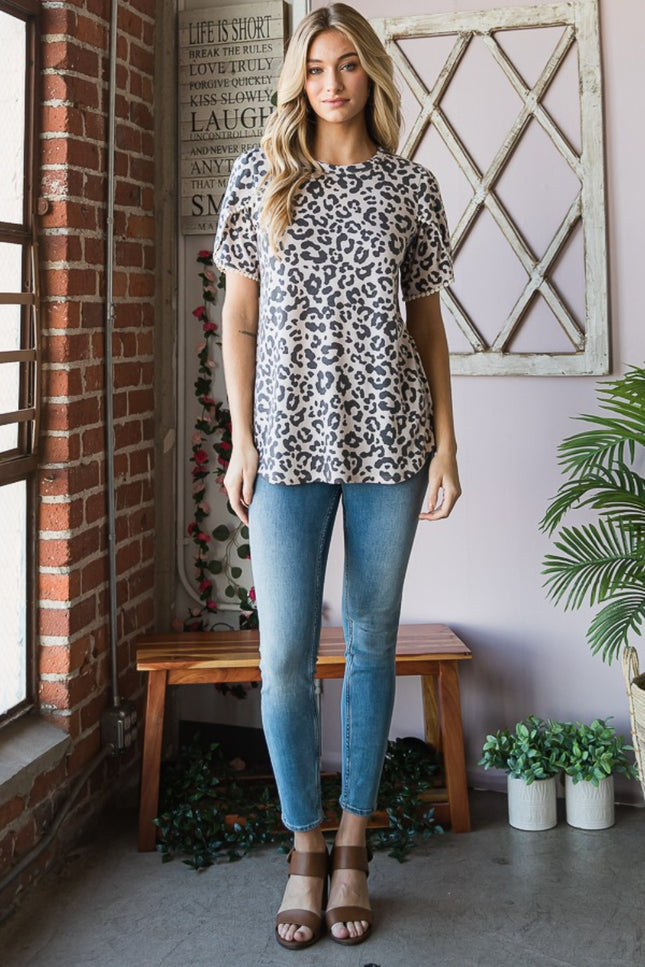 Heimish Leopard Round Neck Petal Sleeve T-Shirt-UHX-Urbanheer