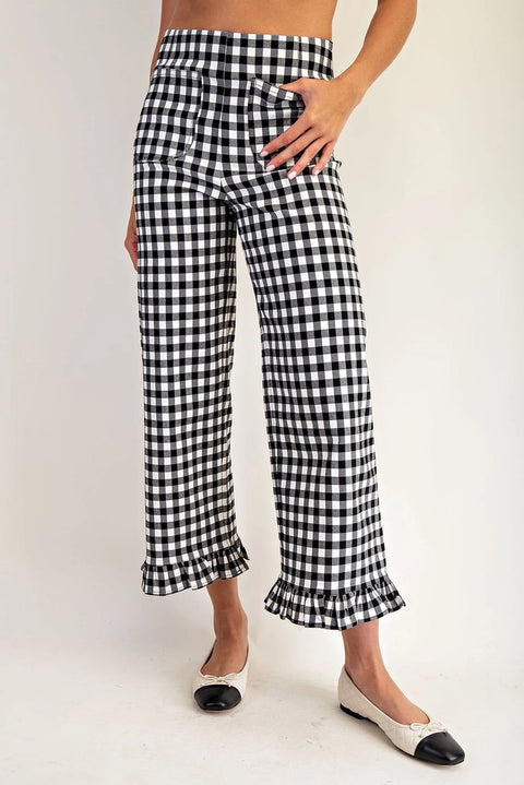 Gingham Ruffle Trim Straight Leg Pants