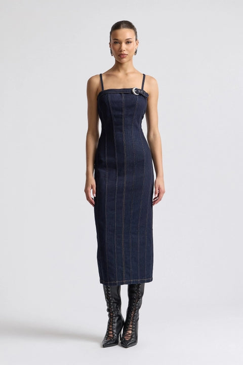 Stretch Denim Buckle Detail Midi Dress