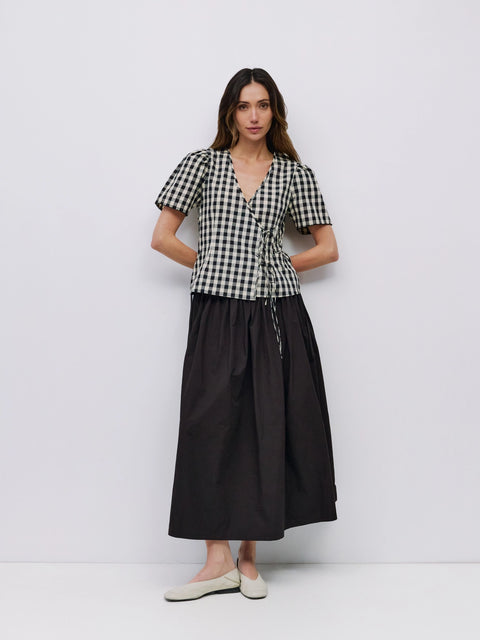 The Bridget Top Gingham Tie Front Blouse - Black