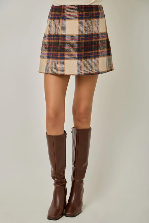 Multi Plaid Wool Blend Mini Skirt