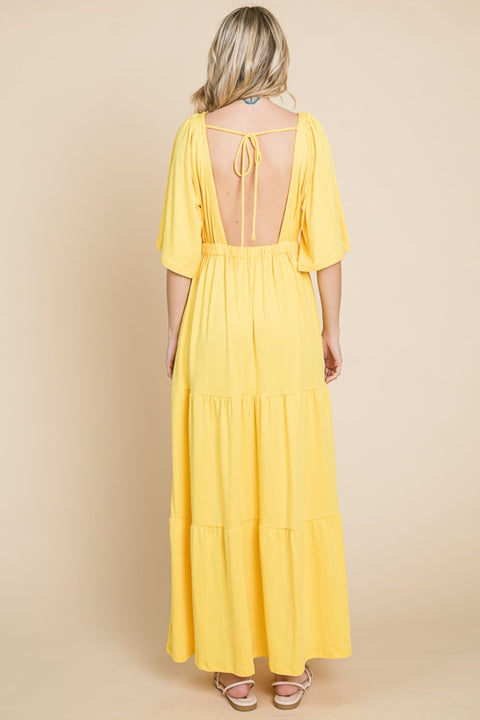 Culture Code Backless Plunge Half Sleeve Tiered Dress-Street 360-LEMONADE-S-Urbanheer