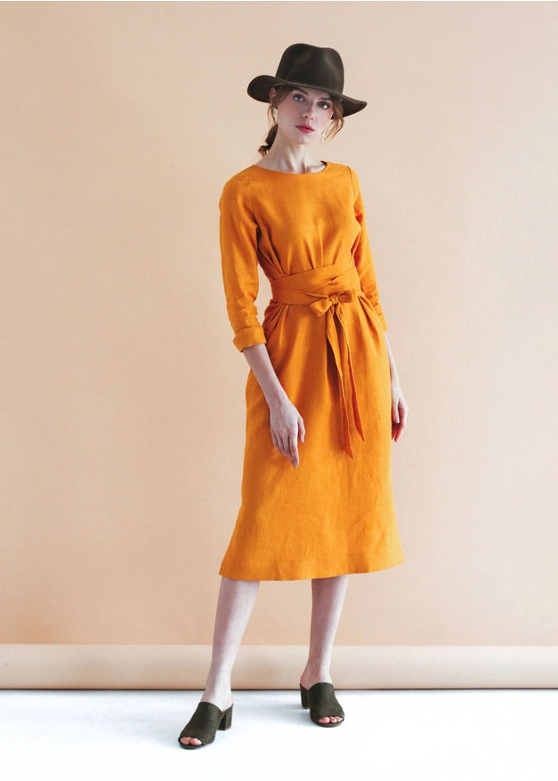 Mustard Yellow Linen Wrap Dress For Women Midi – Urbanheer