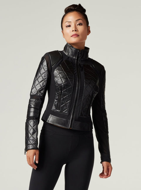 Classic Black Quilted Genuine Leather Mesh Moto Jacket