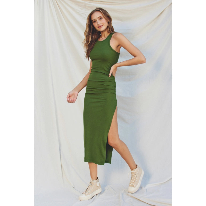 Ribbed Racerback Ruched Midi Dress