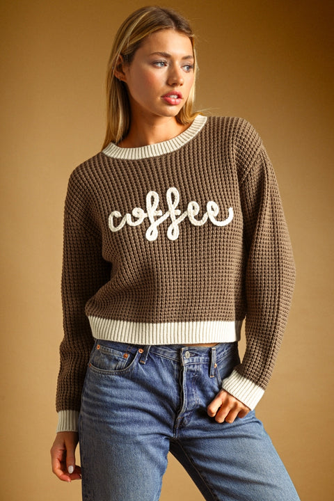 Coffee Letter Waffle Sweater Top