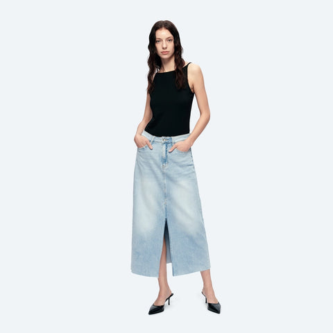 A-Line Denim Midi Skirt(Raw Hem,Slit) STORY-Skirt-BAYEAS-XS-STORY-Urbanheer