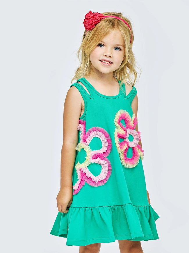 Hannah Banana Girl's Jersey Tank Dress W/ Tulle Flowers, Size 2T-10, Green Mult, 2T, Girls Apparel Dresses