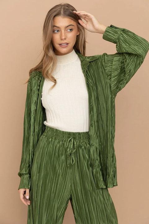 Accordion Pleat Button Blouse Pant Lounge Set Olive-Set-Blue B-S-OLIVE-Urbanheer