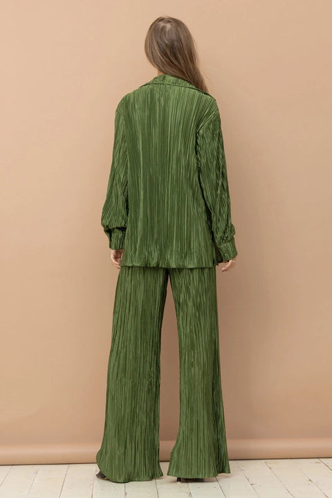 Accordion Pleat Button Blouse Pant Lounge Set Olive-Set-Blue B-S-OLIVE-Urbanheer