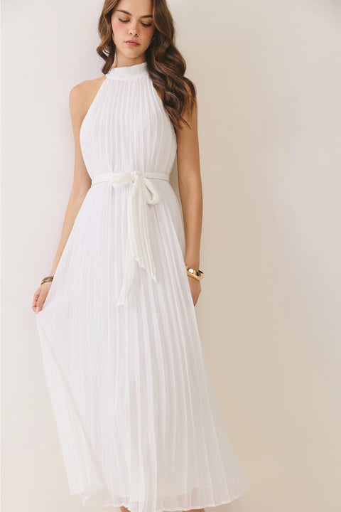 All Over Pleated Halter Neck Midi Dress