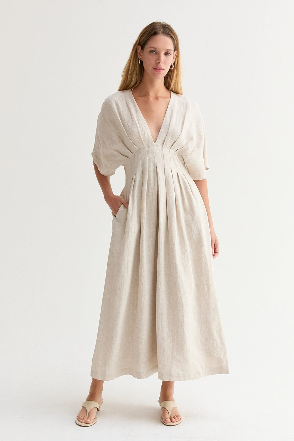 finnegan acler pleated blouson sleeve midi dress in ivory Acler Pleated Blouson Sleeve Midi Dress in White