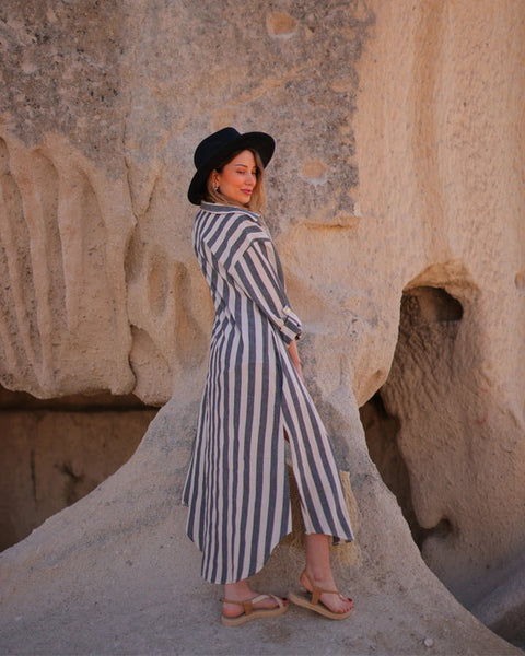 Anthracite Striped Long Linen Shirt Dress Anthracite Stripes-Dress-Moa-Front length 48.5" (123 cm) Back length 51" (130 cm) Bust width: 41" (104 cm) Waist width: 45" (114 cm) Hip width: 50" (126 cm) Arm length: 19.5" (50 cm)-Urbanheer