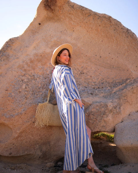 Anthracite Striped Long Linen Shirt Dress Blue Stripes-Dress-Moa-Front length 48.5" (123 cm) Back length 51" (130 cm) Bust width: 41" (104 cm) Waist width: 45" (114 cm) Hip width: 50" (126 cm) Arm length: 19.5" (50 cm)-Urbanheer