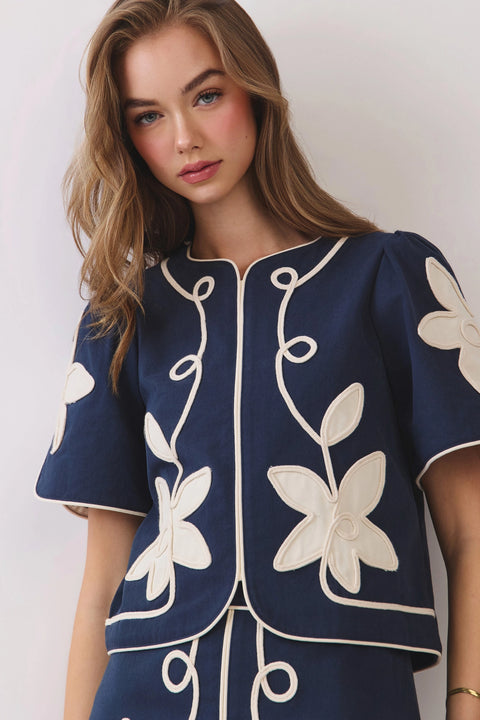 Appliqué Floral Short Puff Sleeve Structured Top - Navy