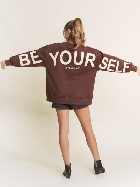 Be Yourself Love Yourself Printed Oversized Sweatshirt Brown-Sweatshirt-JADE BY JANE-S-Brown-Urbanheer