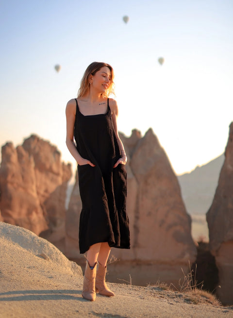 Beige Double Gauze Strap Dress Black-Dress-Moa-Black-Urbanheer