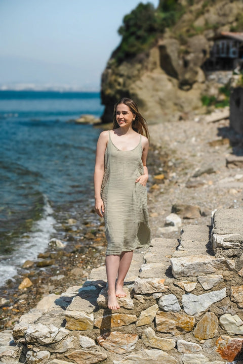 Beige Double Gauze Strap Dress Green-Dress-Moa-Green-Urbanheer