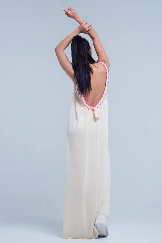 Beige Maxi Dress With Pom Pom Detailing