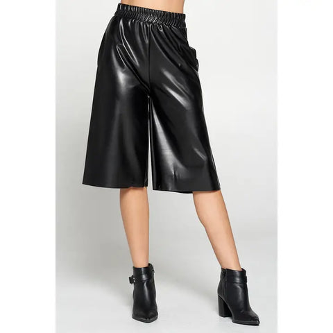 Black Faux Leather Wide Leg Culotte Pants