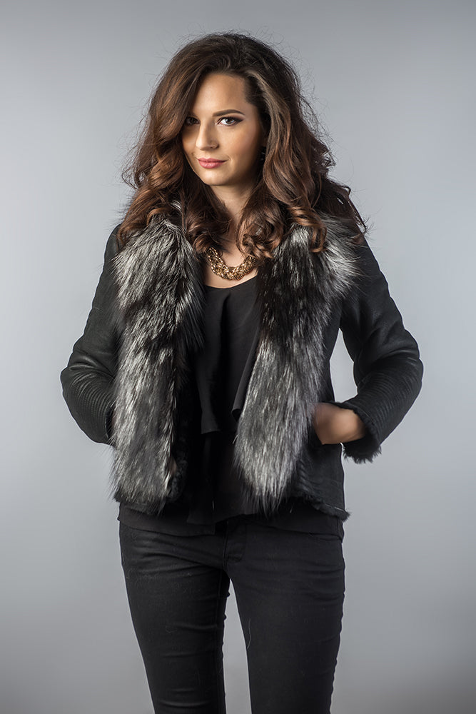 Black Merino Shearling Jacket with Arctic Fox Fur Collar from Buy
