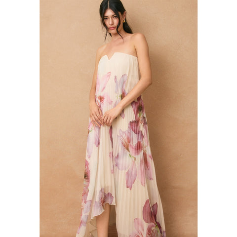 Floral Strapless Pleated Maxi Column Dress - Laelia Orchid