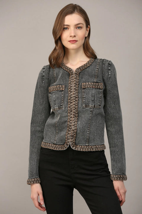 Braided Trim Jean Jacket BLACK DENIM-Jacket-FATE-S-BLACK DENIM-Urbanheer