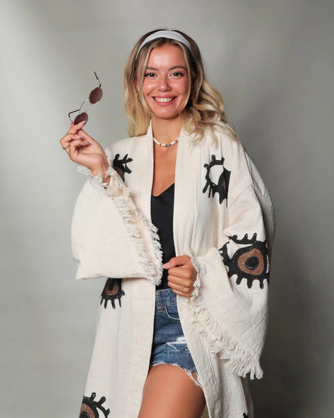 Brown Evil Eye Short Kaftan Kimono Robe-Kimono-Moa-Short Kimono-Urbanheer