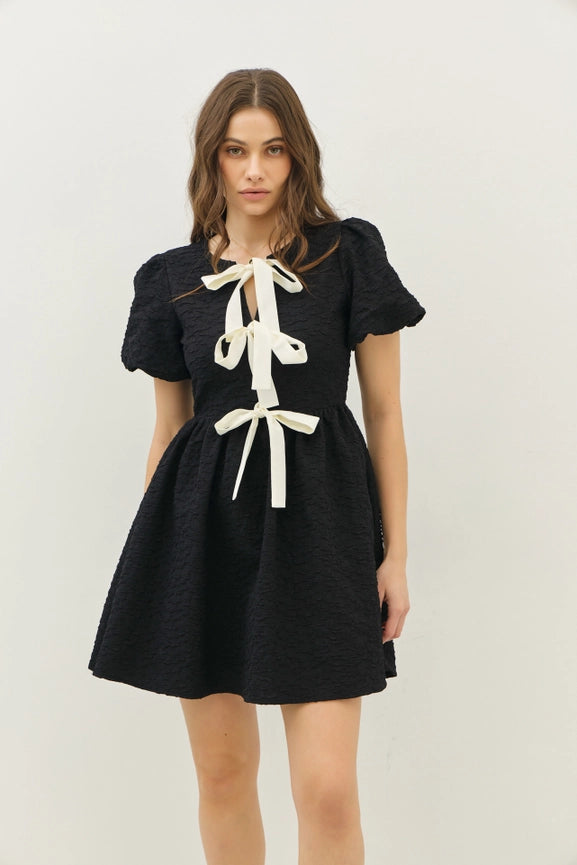 Bubble Textured Bow Tie Front Mini Dress with Bubble Sleeves Black Bubble Textured Bow Tie Front Mini Dress with Bubble Sleeves Black