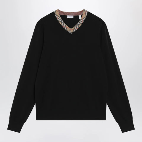Burberry Black wool sweater with Check motif neckline