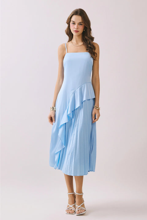 Cascading Asymmetric Ruffle Square-Neck Dress
