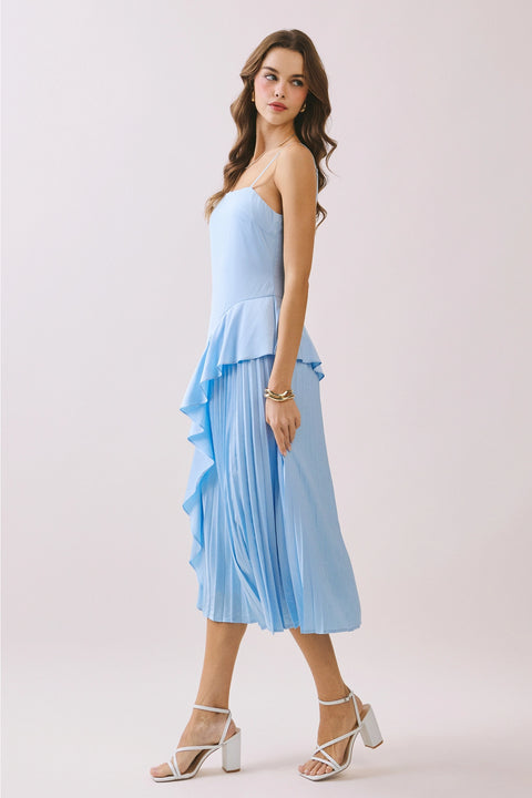 Cascading Asymmetric Ruffle Square-Neck Dress