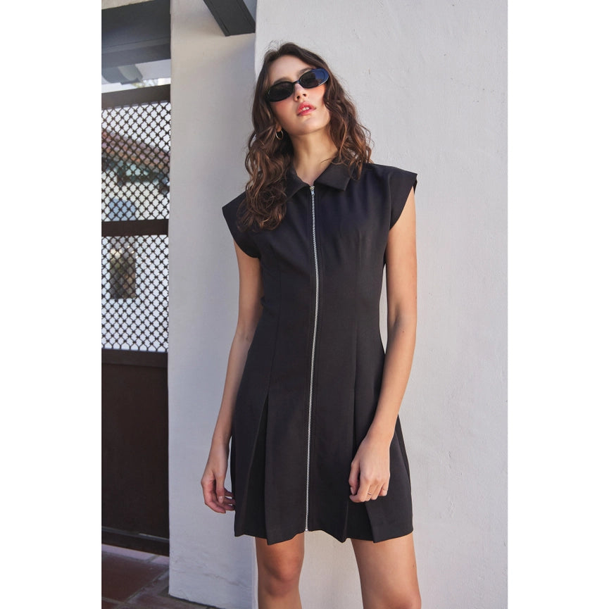 Chic Mini Dress with Front Zipper and Pleated Hem BLACK from idem