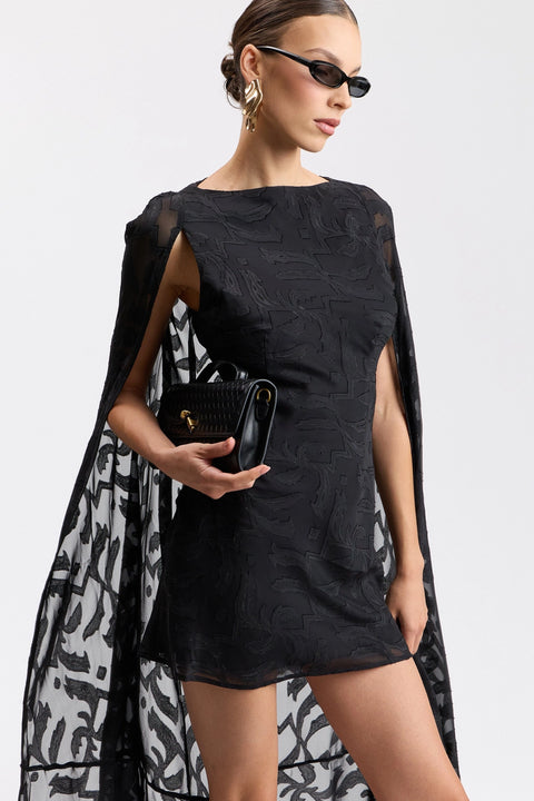 Chiffon Jacquard Maxi-Cape Mini Dress