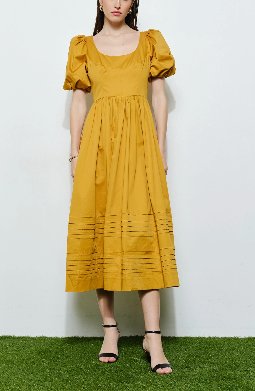 Classic Cotton Square Neck Smocked Midi Dress