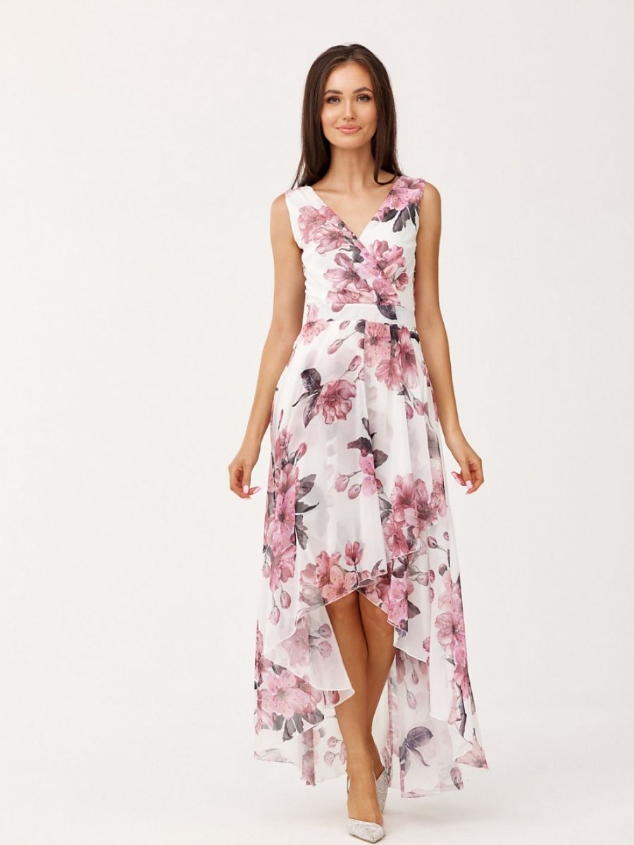 silver formal plus size dress Green Sleeveless V-Neck Floral Chiffon Ruffle Ball Gown main image 1