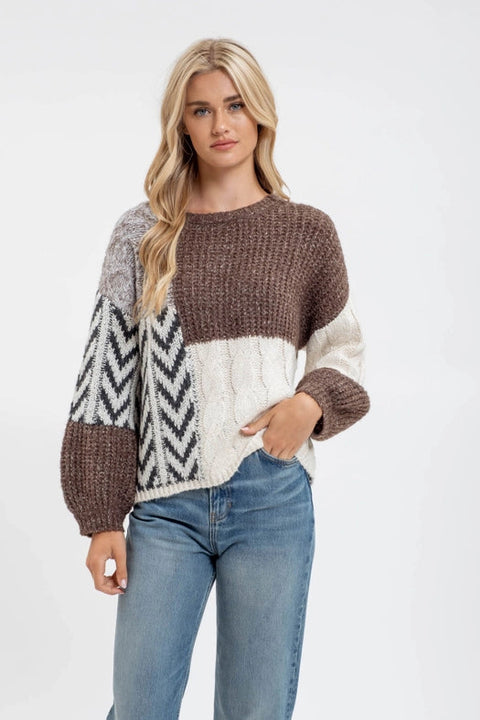 Colorblock Chevron Cable Knit Sweater BROWN MULTI-Sweater-Blu Pepper-S-Urbanheer