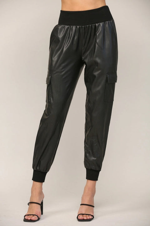 Contrast Rib Band Trim Faux Leather Jogger BLACK-Pants-FATE-S-BLACK-Urbanheer