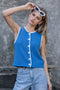 Contrast Trim Knit Button Vest - Blue