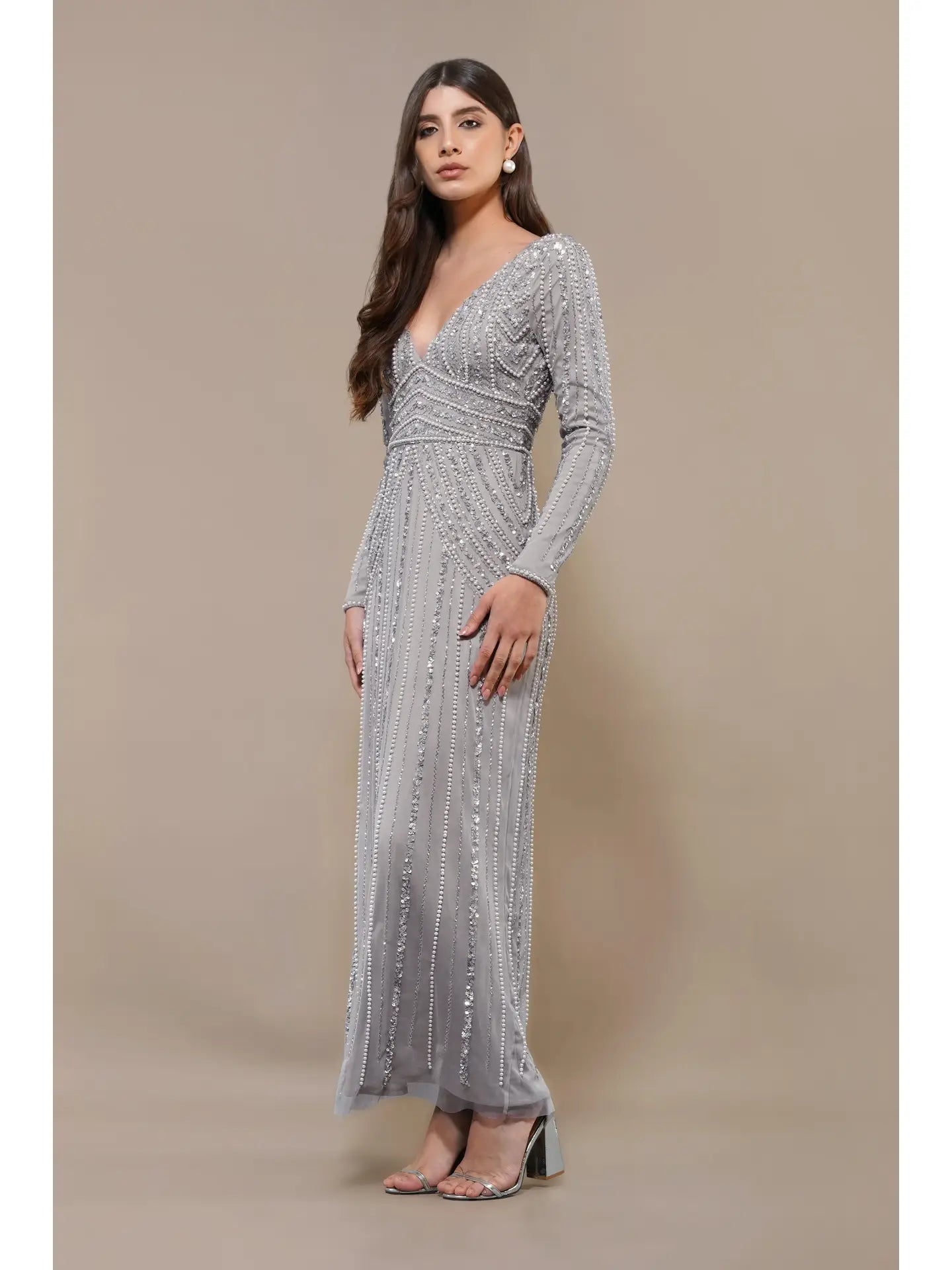 slim fit dress slacks Cordelia Embellished Maxi Dress in Light Grey UK14 / Light Grey