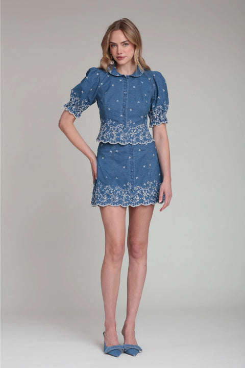 Cotton Chambray Embroidered Skirt