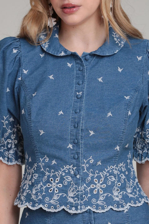 Cotton Chambray Embroidered Top