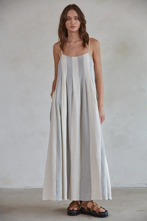 Cotton Gauze Striped Cami Pintuck Midi Dress-Dress-By Together-S-Cream Blue-Urbanheer